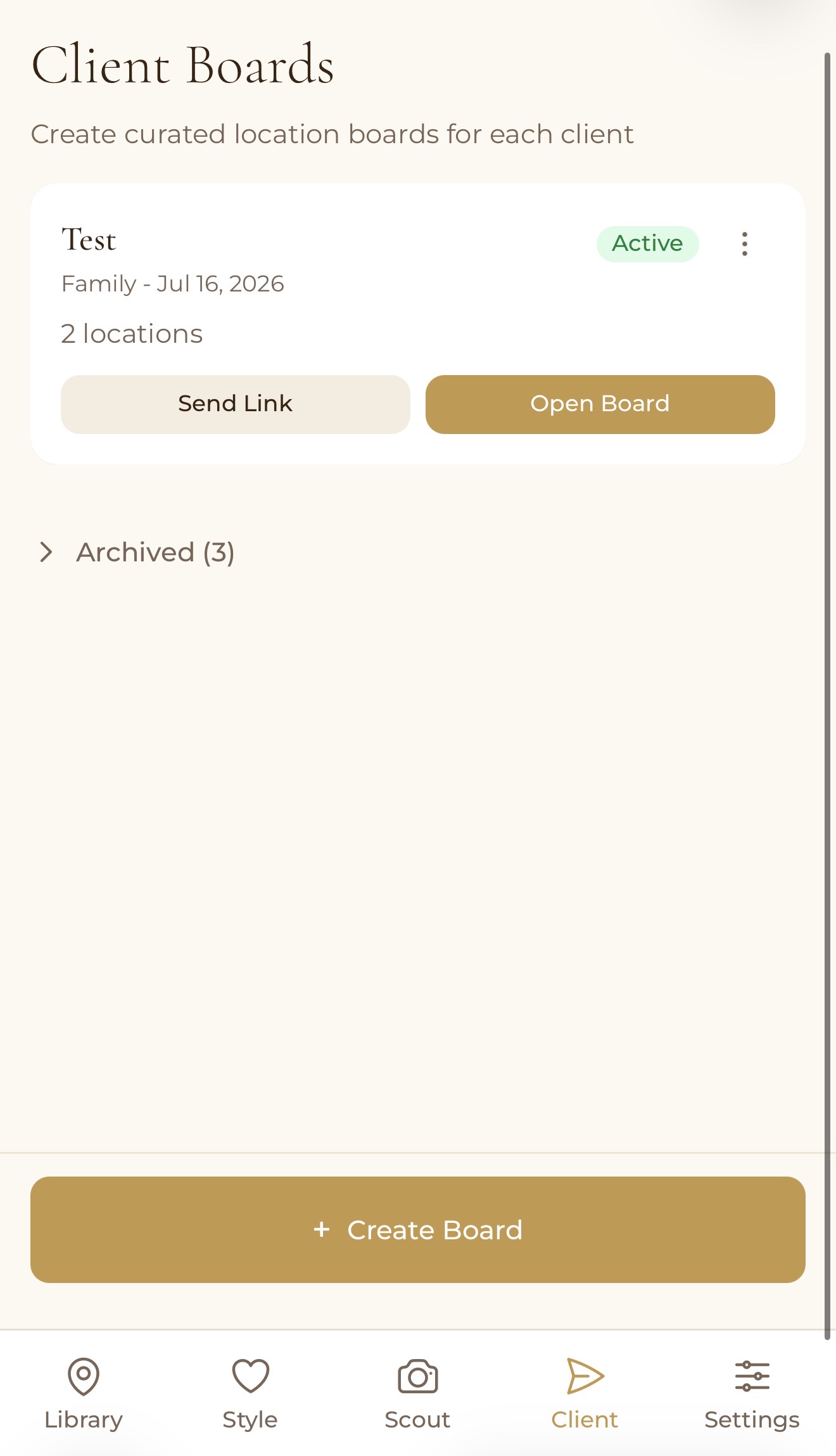 Goldenly Client Boards screen showing a curated board for a client with Send Link and Open Board actions